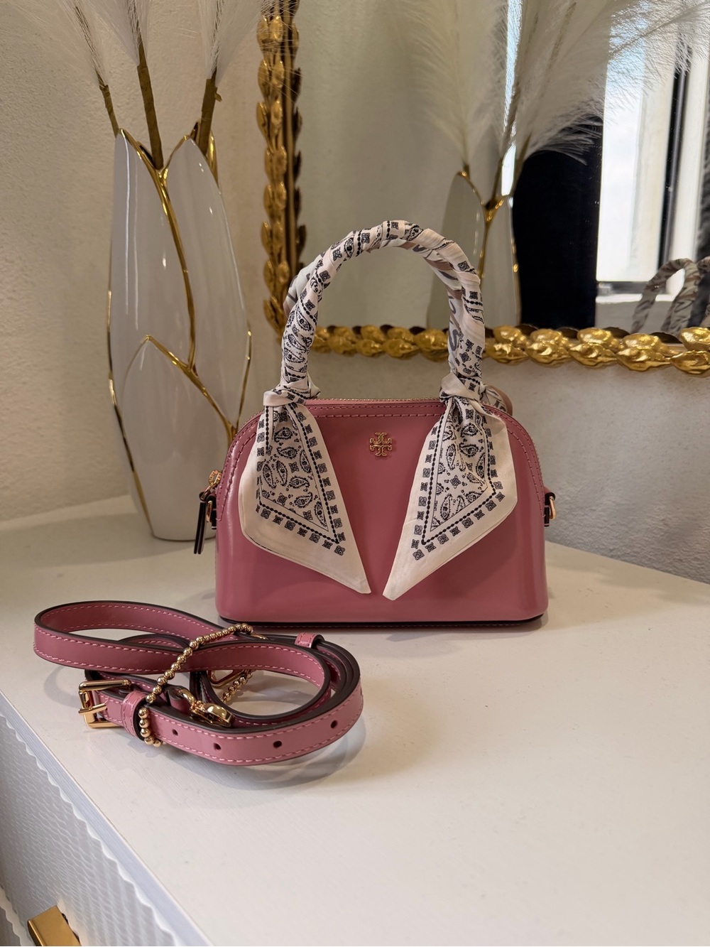 Tory Burch Rose Pink Mini Satchel with Scarf-Wrapped Handle
